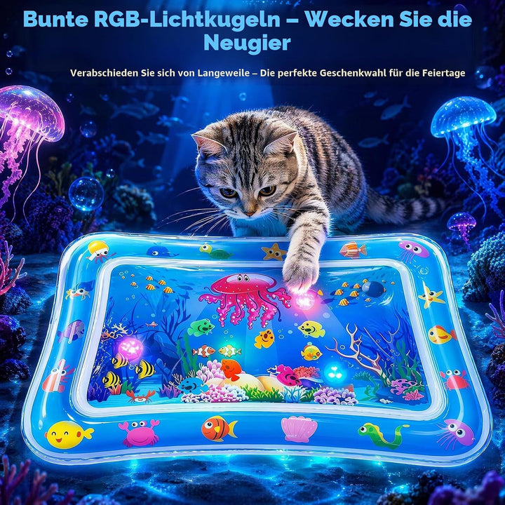 Wassermatte Katze, Wasserspielmatte Katze Hund, Verdickte PVC Katzen Kühlmatte mit Fischen &amp; LED-Lic