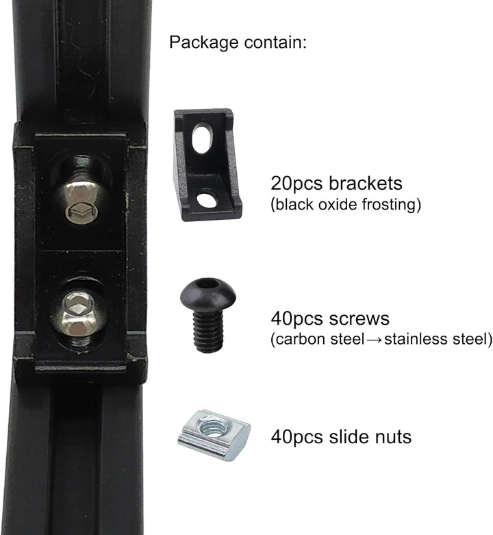 Aluminiumprofilverbinder-Set, 20 Stück, schwarz, 20 Stück, Eckwinkel, 40 Stück T-Muttern und Sechska