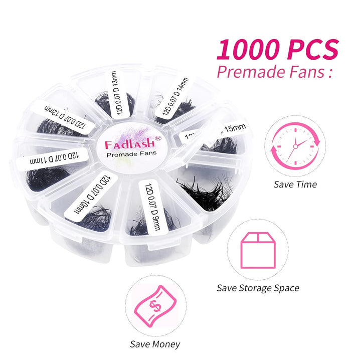 Russische Vorgefertigte 12D 0.07 D Curl 9-16mm Mixed 1000pcs Wimpern Extensions Promade Russische Fä
