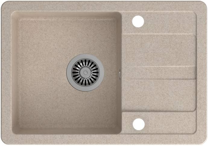VBChome Spüle 62 x 44 cm Beige Granit Einzelbecken Einbauspüle Abtroffläche gesprenkelt reversibel V