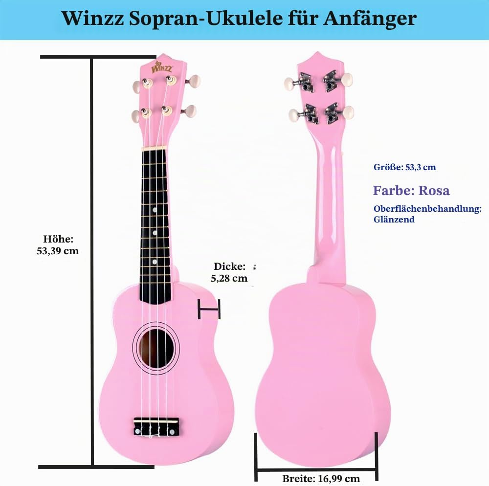 Winzz Sopran Ukulele Starter Kit für Anfänger mit Tasche, Clip-On Tuner, Zusätzlichen Saiten, Gurt,