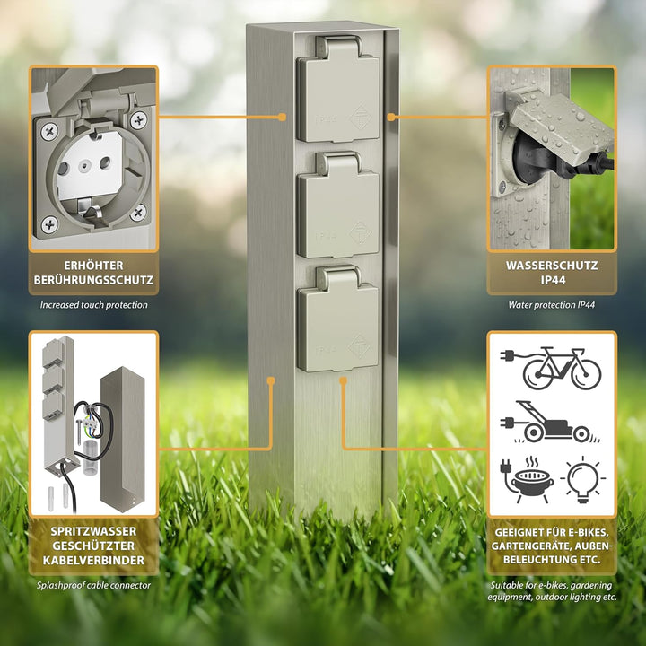 ledscom.de Garten-Steckdosen-Säule POMI mit Erdspiess und 2m Kabel für aussen, IP44, 3-Fach, Edelsta