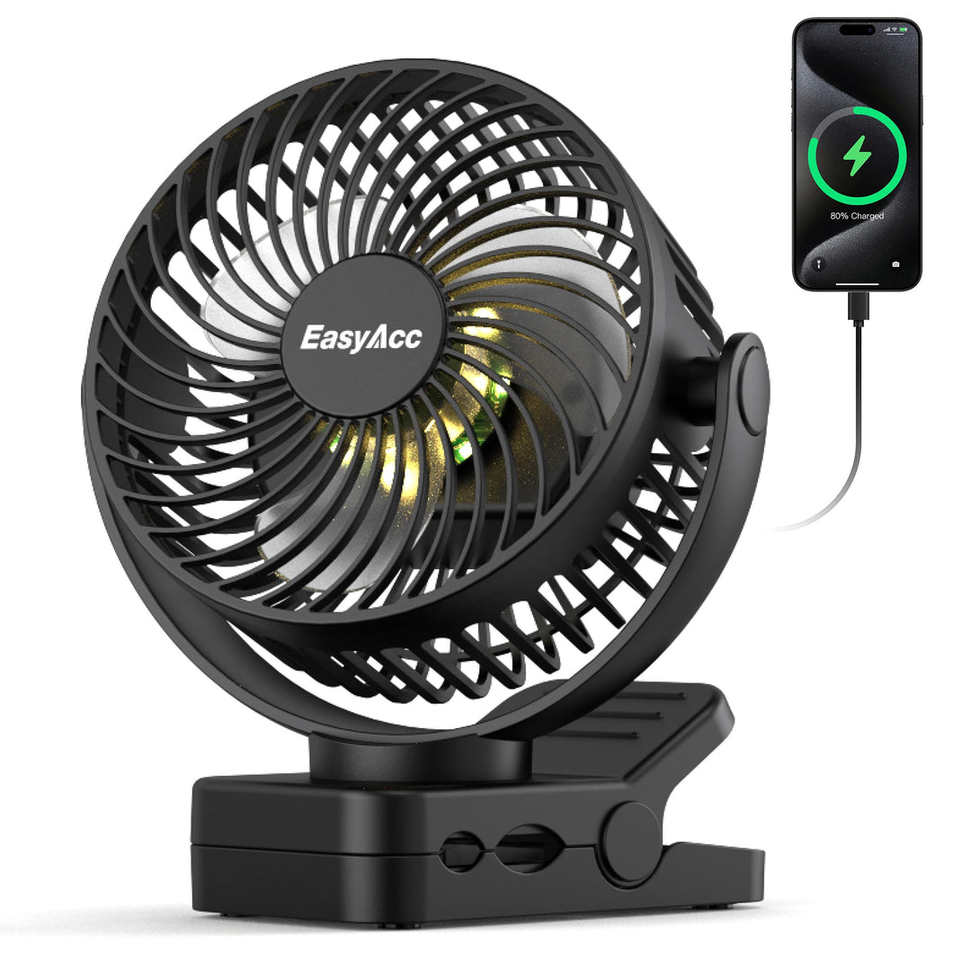 EasyAcc Tragbarer Clip-Ventilator mit LED-Licht und Magnetfuss – 13000mAh USB Wiederaufladbarer Zelt