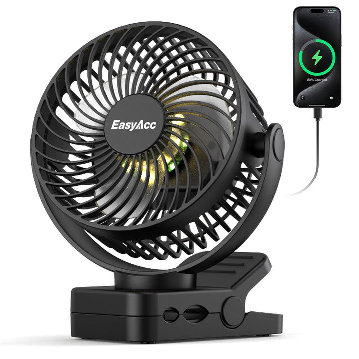 EasyAcc Tragbarer Clip-Ventilator mit LED-Licht und Magnetfuss – 13000mAh USB Wiederaufladbarer Zelt