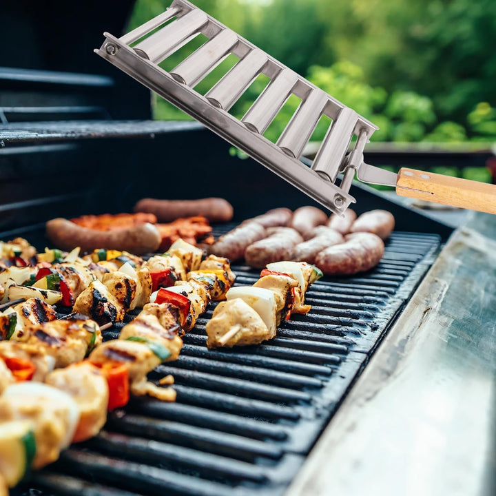 Edelstahl Hot Dog Roller für Grill + Metallspatel mit Langem Holzgriff, BBQ Wurstroller für Grill Pl
