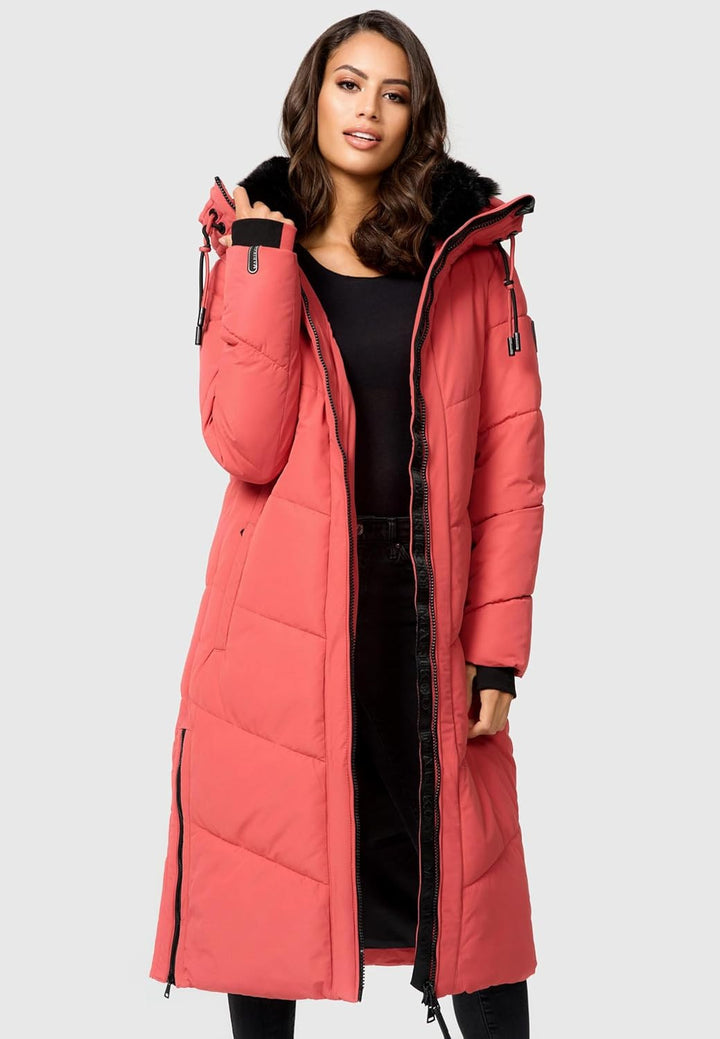 MARIKOO Damen Wintermantel Warmer Steppmantel lang mit Kapuze und abnehmbarem Kunstfellkragen Nadare