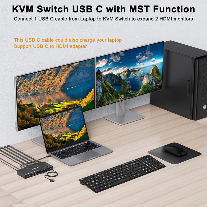 KVM Switch 2 PC 2 Monitore USB C, KVM Switch Dual Monitor for Laptop & PC, USB 3.0 MST Dual 4K@60Hz,
