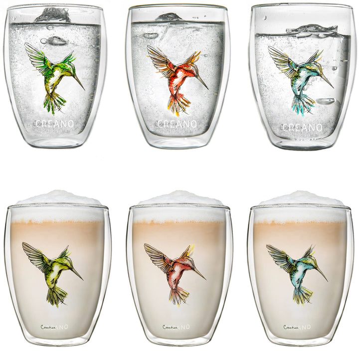 Creano doppelwandige Tee-Gläser, Cappuccino-Glas, Thermoglas Hummi im Kolibri Design, 6er Set, 250 m