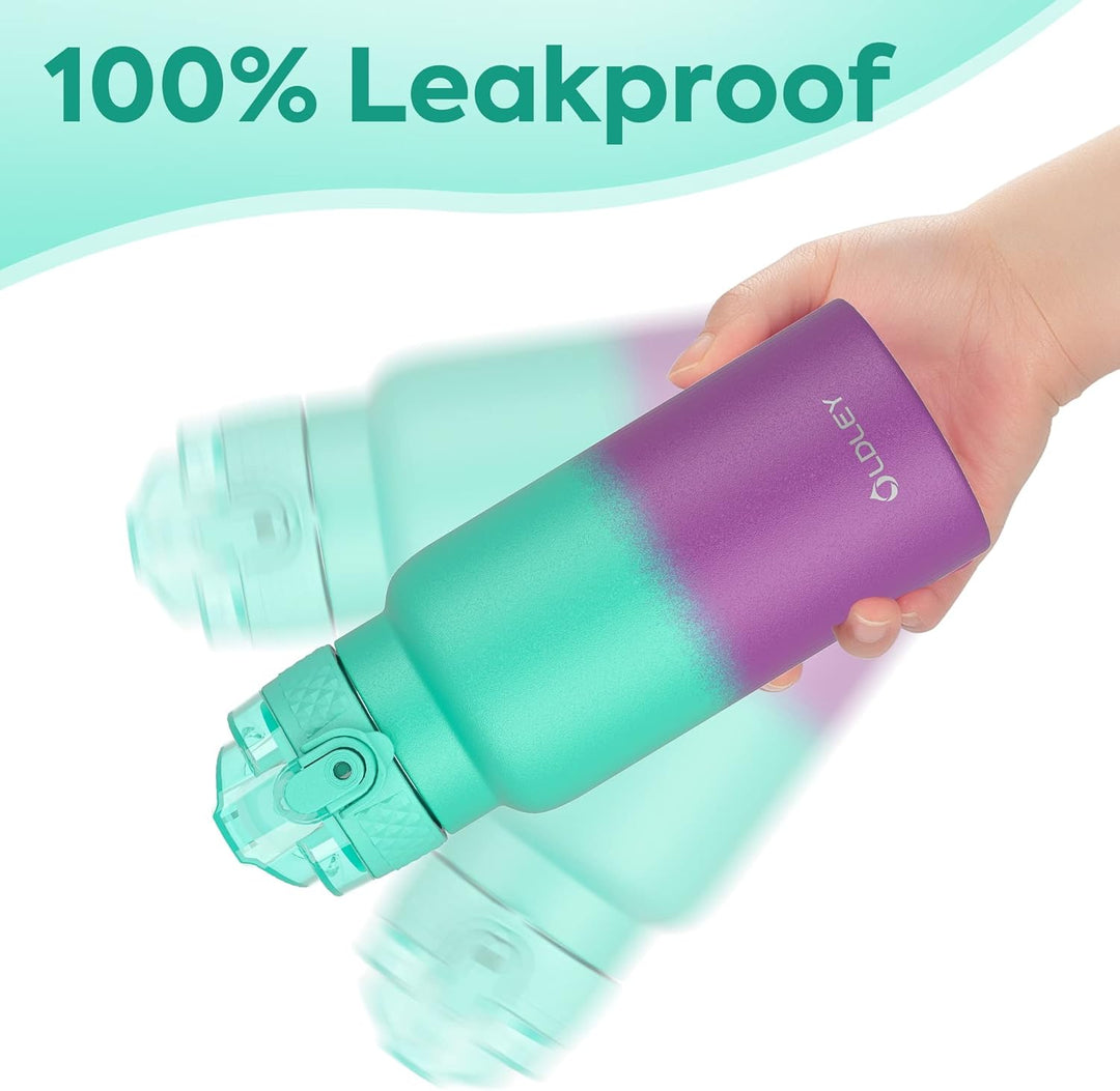 OLDLEY 500ml Kinder Edelstahl Wasserflasche mit Stroh für Schule mit 2 verschiedenen Deckeln, Metall