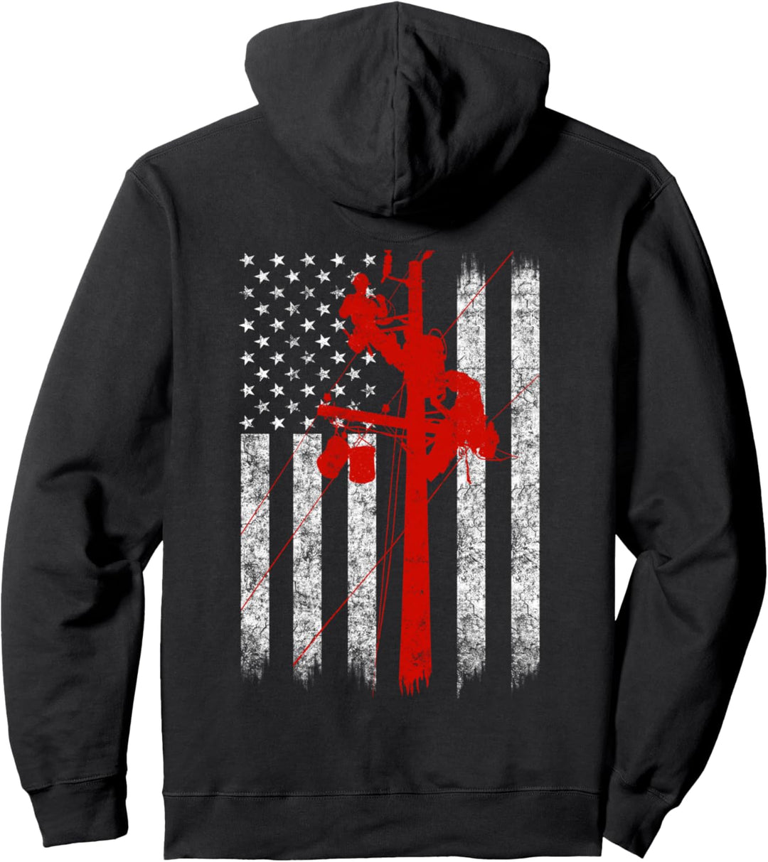 Red Silhouette American Flag Lineman Electrician Pullover Hoodie