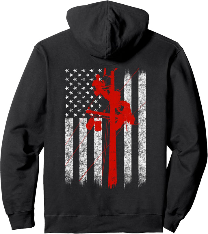 Red Silhouette American Flag Lineman Electrician Pullover Hoodie