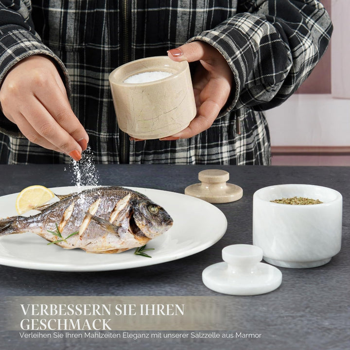 MARBLOUS KRAFTS Marmor-Salzkeller mit Deckel, 7,6 cm, Weiss und Verona Salzhalter, ideale Zucker-, S