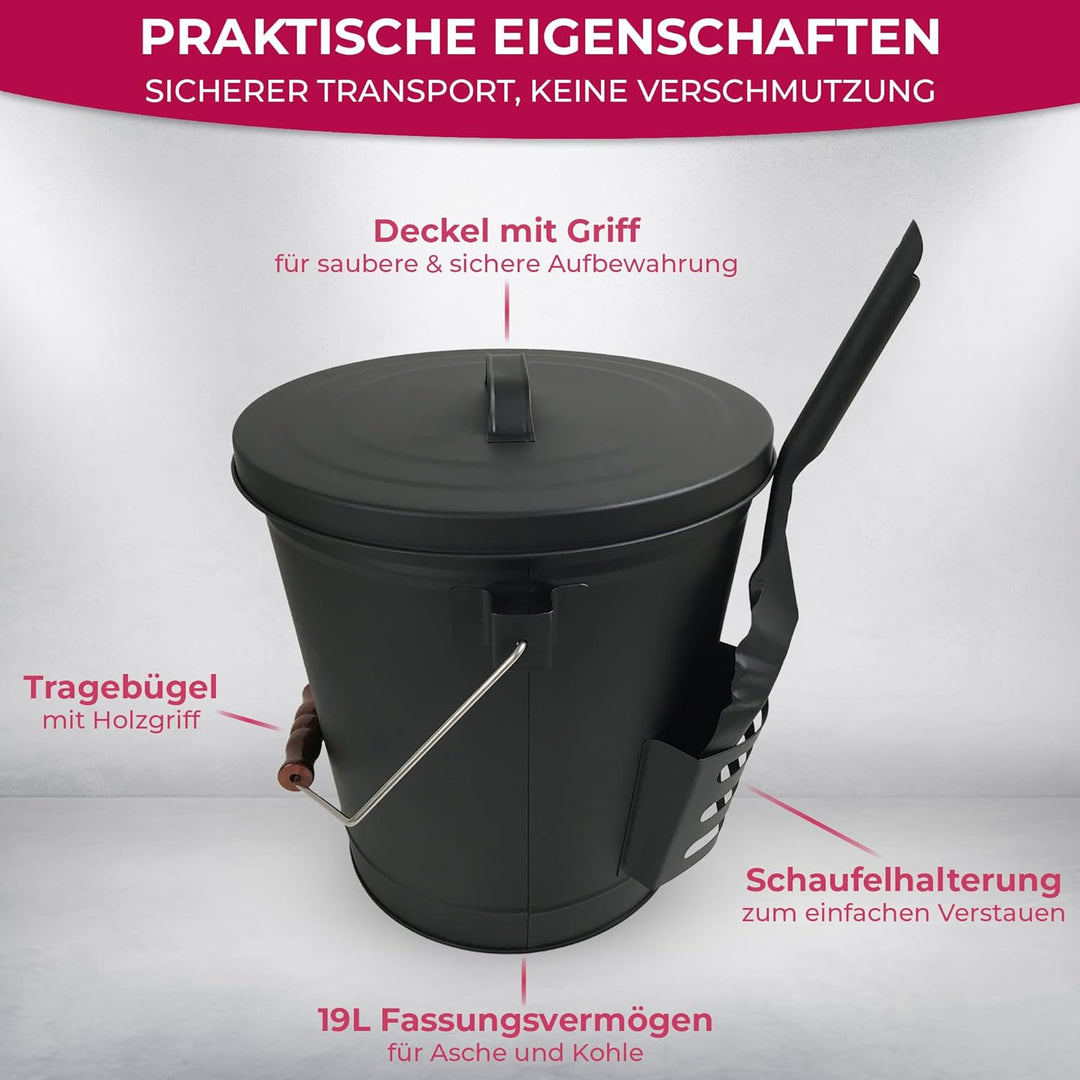 SULENO - Ascheeimer BOSTON mit Deckel 35x32cm 19 Liter, inkl. Schaufel, Stahl schwarz, Kohleeimer mi