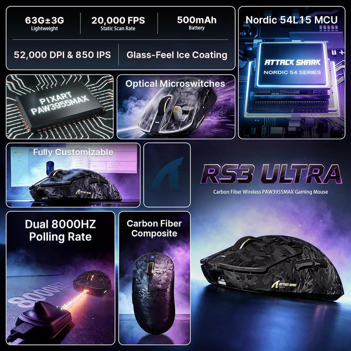 ATTACK SHARK RS3 Ultra Kabellose Gaming Maus, PAW3955MAX Sensor, Nordic 54L15 Chip, Kohlefaser, 8K P