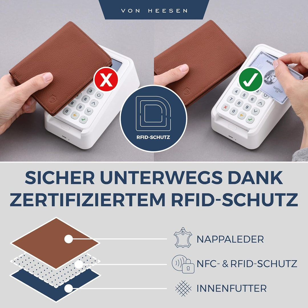 VON HEESEN Leder Geldbörse RFID Schutz I Echtleder Geldbeutel für Damen & Herren I Portemonnaie Brie