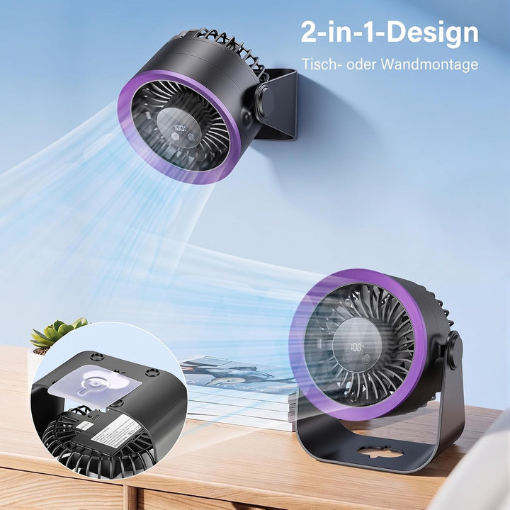 SHINER USB Ventilator Klein Leise, Akku Tischventilator mit 100 Stufen & Kraftvoller Luftstrom, Digi