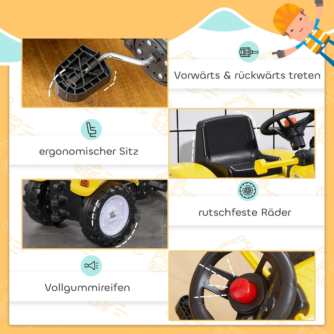 HOMCOM Trettraktor mit Ablagefach Schaufel Lader Traktor Tretfahrzeug für 3-jährige Kinder Gelb+Schw