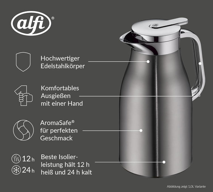 alfi SKYLINE 1,5l, cool grey, Edelstahl-Isolierkanne mit hygienischem Hartglaseinsatz, Drehverschlus