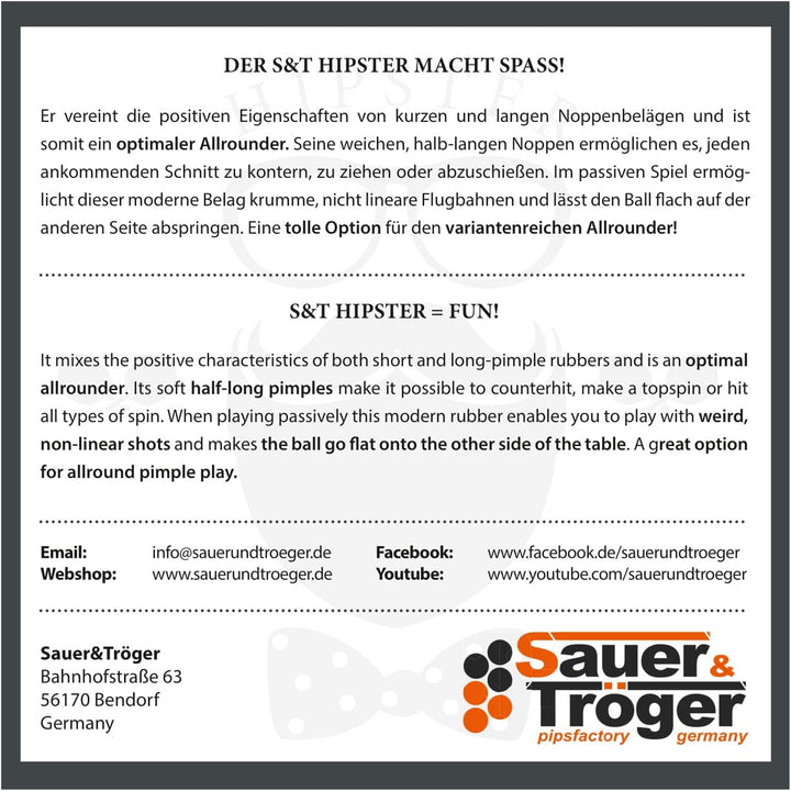 Sauer &Tröger Tischtennis Belag Halb Lange Noppe | Hipster | Rot, Schwarz | 1,1 1,5 1,9 Schwarz 1,9