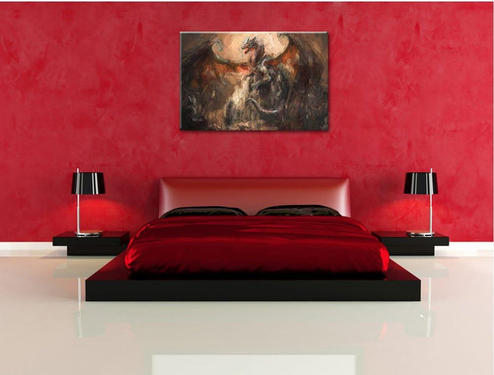 Pixxprint Drache schützend über Burg als Leinwandbild/Grösse: 100x70 cm/Wandbild/Kunstdruck/fertig b