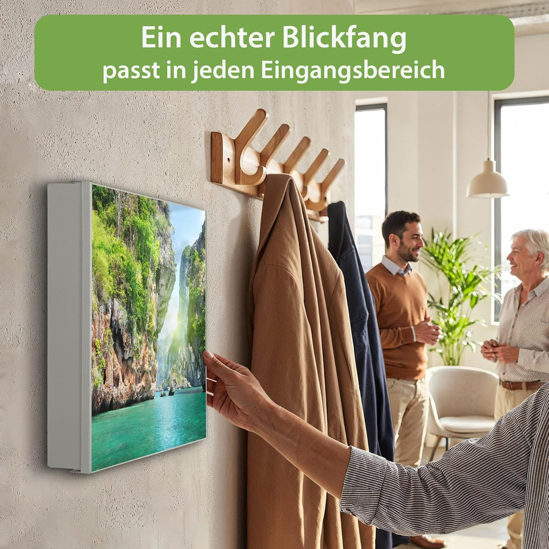 banjado® Grosser Schlüsselkasten Glas/Schlüsselbox 30cm x 30cm mit 50 Haken - Motiv Versteckte Bucht
