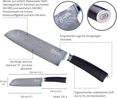 Bacher Santoku Damastmesser 18 cm - Damast Küchenmesser Geschmiedet aus 67 Legen AUS 10V - Profi Sch