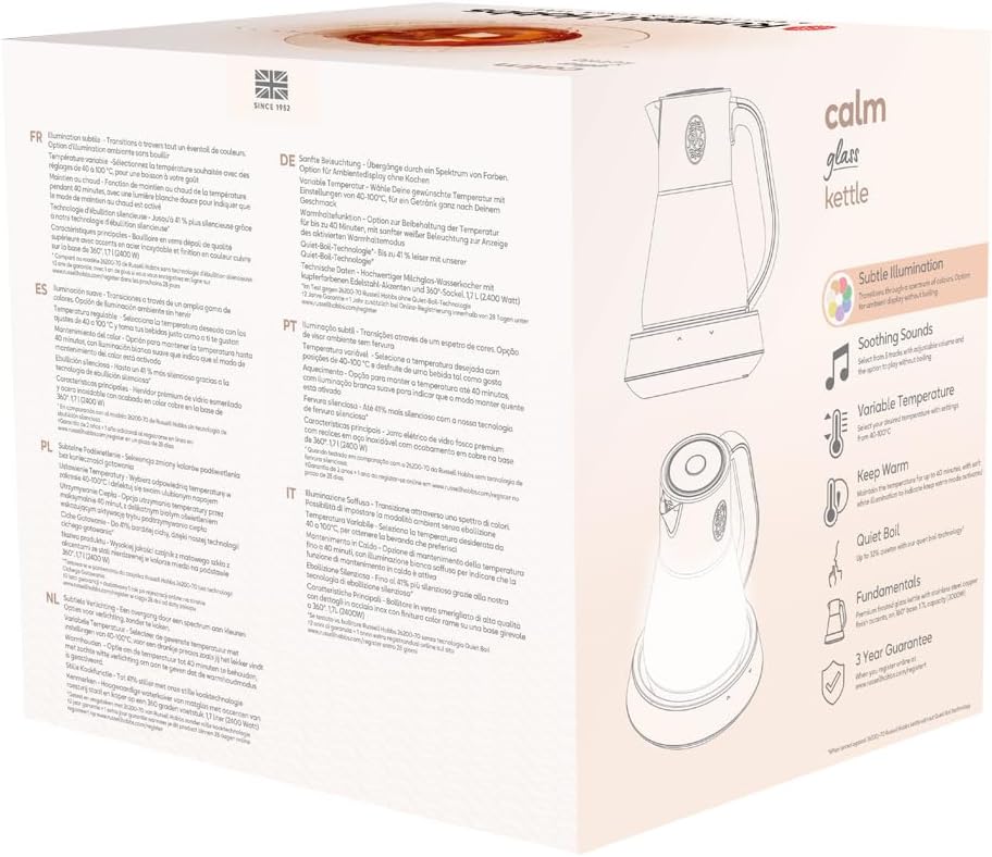 Russell Hobbs Wasserkocher Glas [1,7L, Temperatureinstellung 40-100°] Calm (LED-Beleuchtung, beruhig