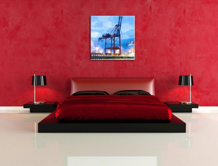 Pixxprint grosser Containerkran im Hafen, Format: 70x70 als Leinwandbild, 70x70