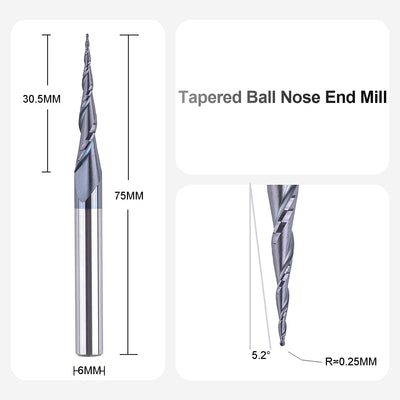 SpeTool Kugelkopffräser 6mm Schaft VHM Konische Fräser CNC 2 Flöten 0,25 mm Radius Schaftfräser mit