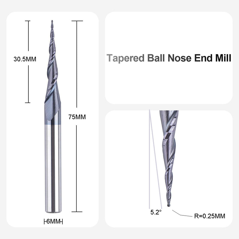 SpeTool Kugelkopffräser 6mm Schaft VHM Konische Fräser CNC 2 Flöten 0,25 mm Radius Schaftfräser mit