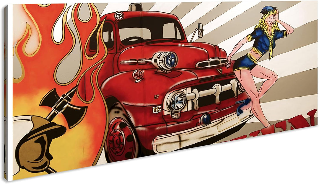 Feuerwehr Illustration Panorama 120x60 cm als Leinwandbild, Motiv fertig gerahmt auf Echtholzrahmen,