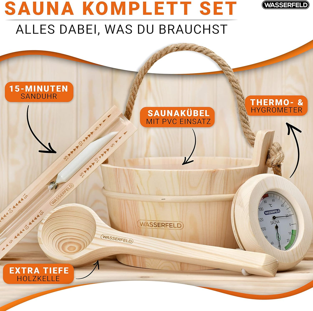WASSERFELD® Sauna Eimer Set (4 Liter) - Hochwertiger Sauna Eimer mit Kelle, Sanduhr, Thermo- & Hygro