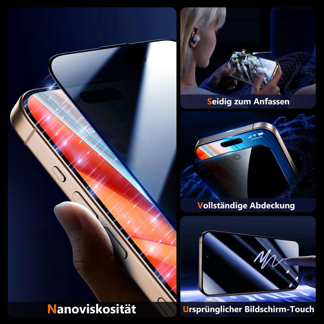 UniqueMe für iPhone 16 Pro für Panzerglas Sichtschutz - [Full Screen Displayschutz] Schutzfolie Sich