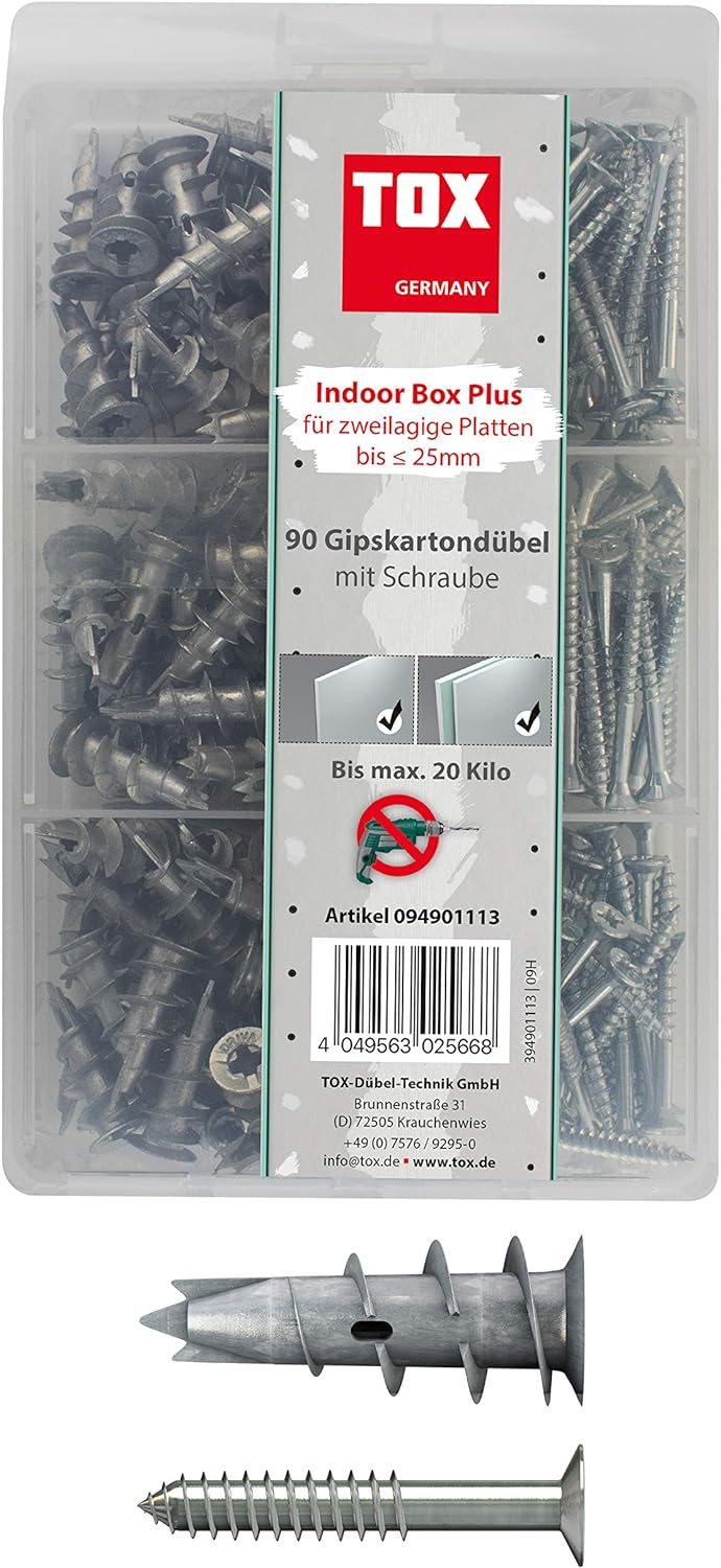 TOX Indoor Box Sortiment Gipskartondübel Spiral Plus 37-4 + Schraube, Dübellänge 32 mm, Dübelsortime