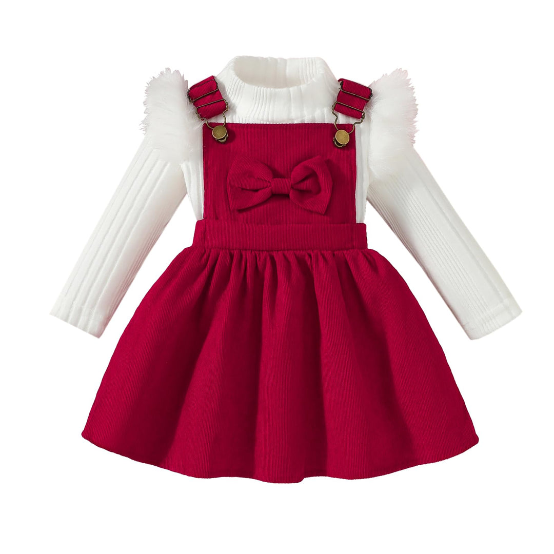 Kleinkind Baby Mädchen Kleidung Langarm Strick Rippenoberteile Schleife Cord Hosenträgerrock Kleid O