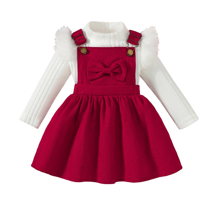 Kleinkind Baby Mädchen Kleidung Langarm Strick Rippenoberteile Schleife Cord Hosenträgerrock Kleid O