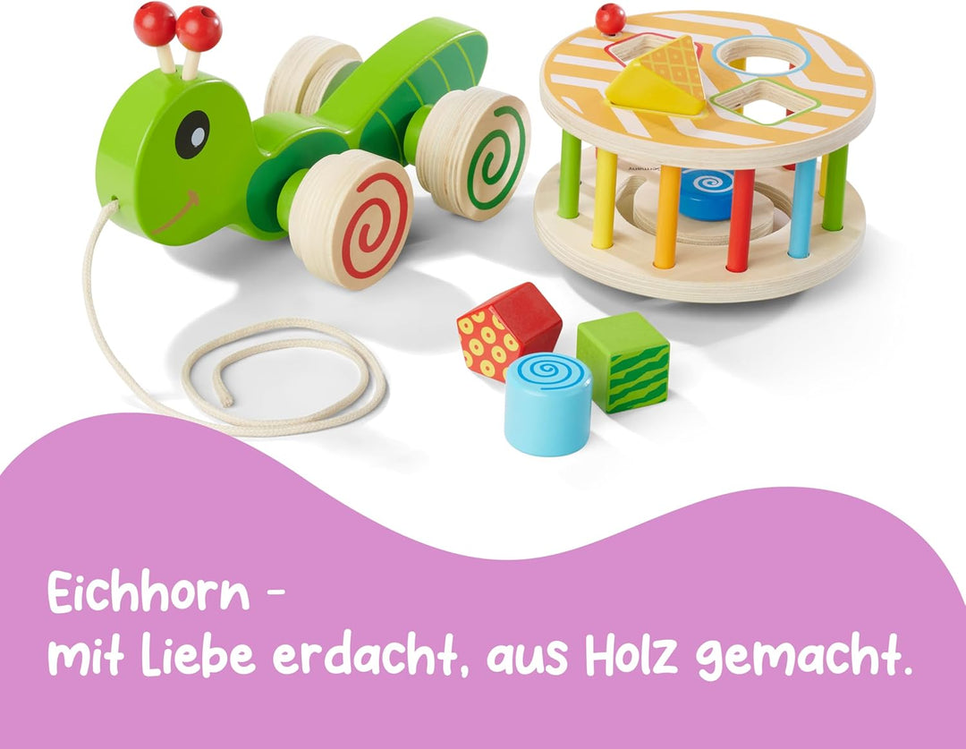 Eichhorn 100002231 NachziehStecktier, mit 4 versch. Steckbausteinen, Birkenholzspielzeug mit Bewegun