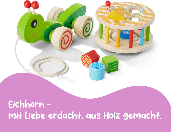 Eichhorn 100002231 NachziehStecktier, mit 4 versch. Steckbausteinen, Birkenholzspielzeug mit Bewegun