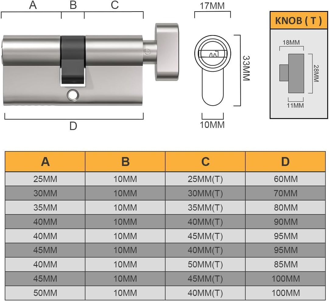 2 Stück 35T/35mm Euro Messingzylinder, 70mm Knauf/Schlüsselzylinderschloss mit 10 horizontalen Messi