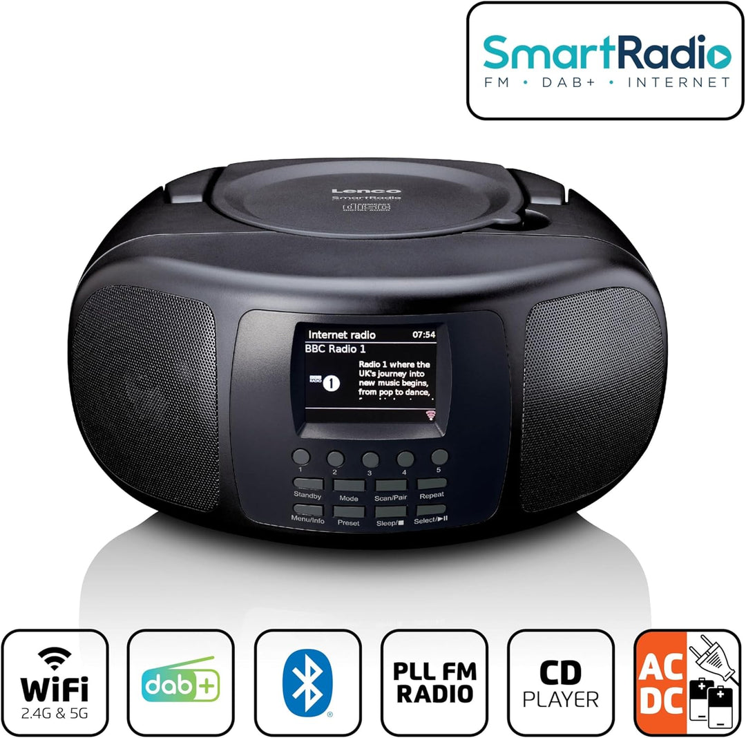 Lenco SCD-6000BK Tragbares Internetradio mit DAB+/FM, Bluetooth, CD-Player und 2,4-Zoll TFT-LCD-Farb
