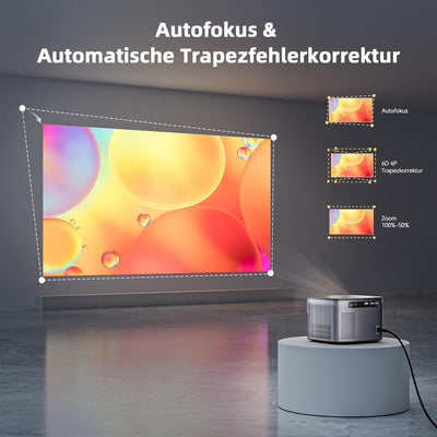 Beamer 4K【Netfilx/Autofokus】 Auto 6D 4P Trapezkorrektur Unterstützt Beamer 4K Heimkino, WiFi6 Blueto