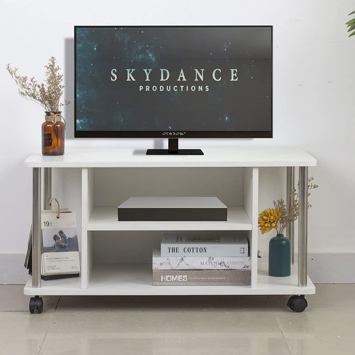 BAKAJI Wagen TV-Schrank, weiss, 4 Räder, Fernseher, Holz, MDF, Holzwerkstoff Metall, Medium