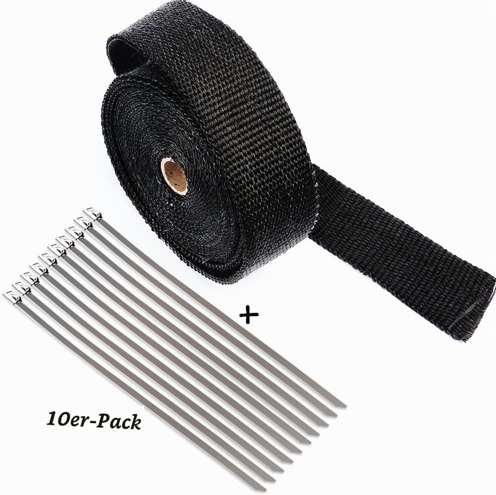 ilauke Hitze-Isolierband, 10m x 50mm Hitzeschutzband Auspuff + 7 Rohrschellen aus Edelstahl (500 °C)