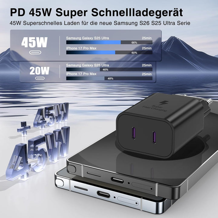 45W Ladegerät USB C Schnellladekabel für Samsung Galaxy S25 Ultra S24 S23 S22 A56 A36 A26 A17 A16 A0