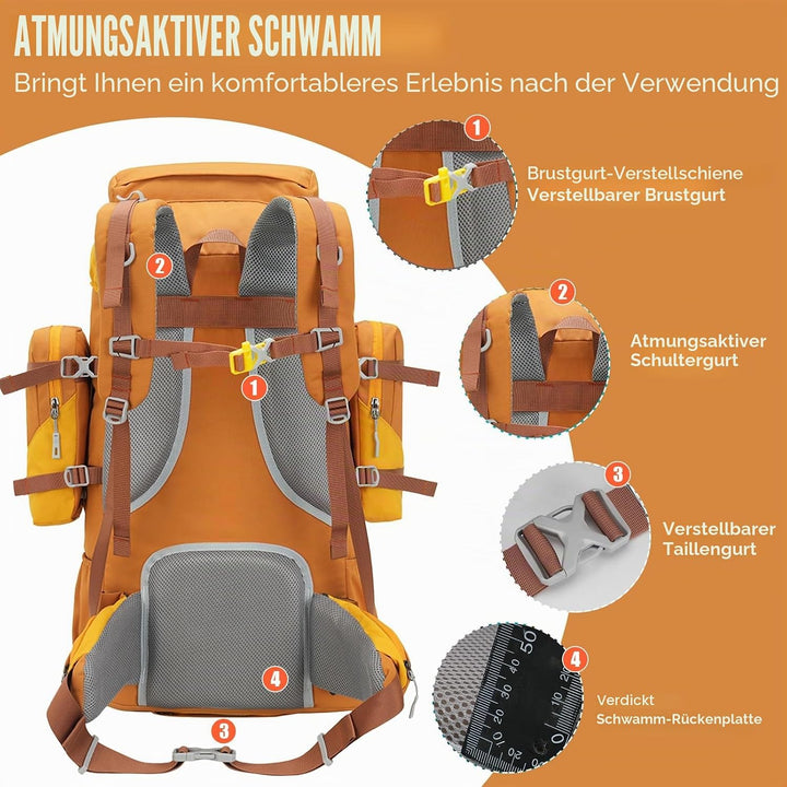 Bseash 70L (65+5) Wasserdichter Wanderrucksack mit Regenschutz, Outdoor-Sport, Reisen, Tagesrucksack