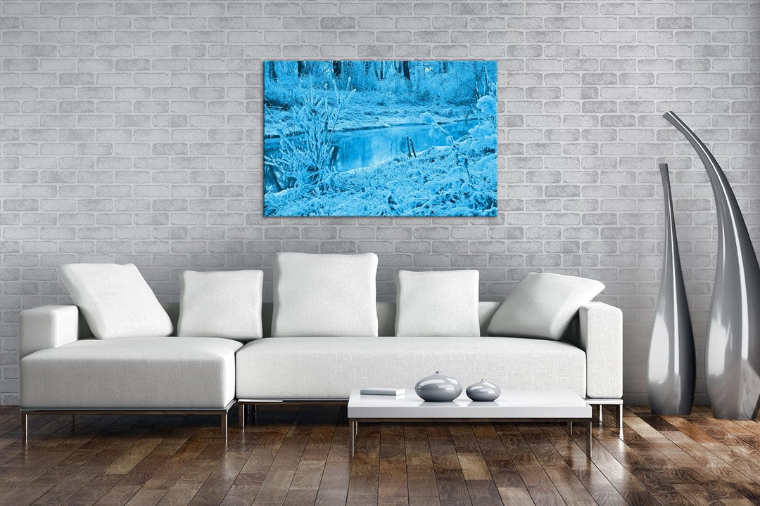 deyoli zugefrorener glänzender Fluss im Winter Format 80x60 Effekt: Monocrome Blau als Leinwandbild,