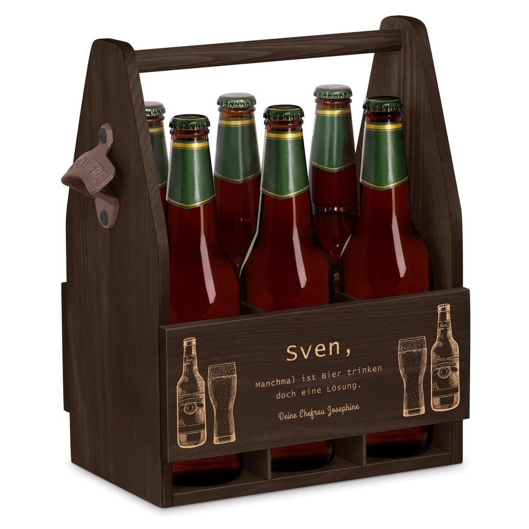 Maverton Bierträger für 6 Flaschen 0,5L + Gravur - Männerhandtasche mit Flaschenöffner - Grösse: 25x
