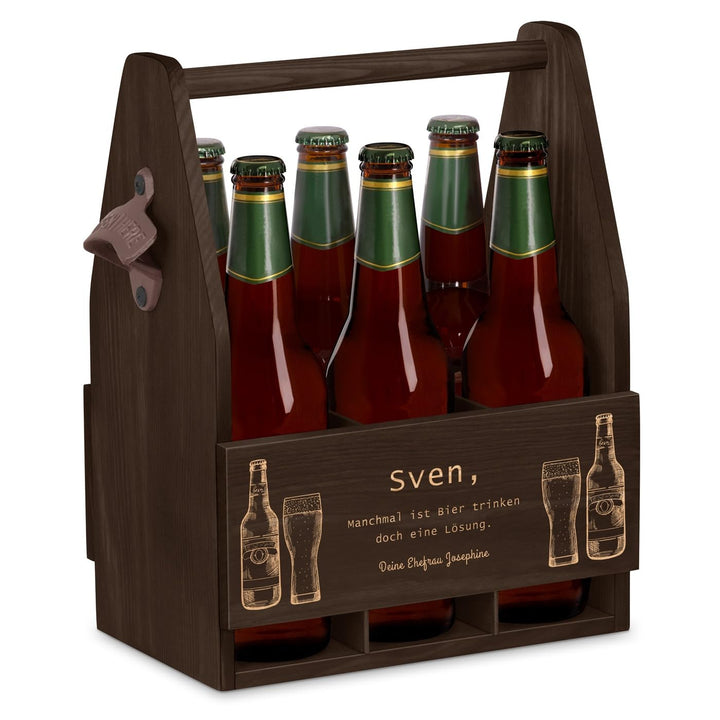 Maverton Bierträger für 6 Flaschen 0,5L + Gravur - Männerhandtasche mit Flaschenöffner - Grösse: 25x