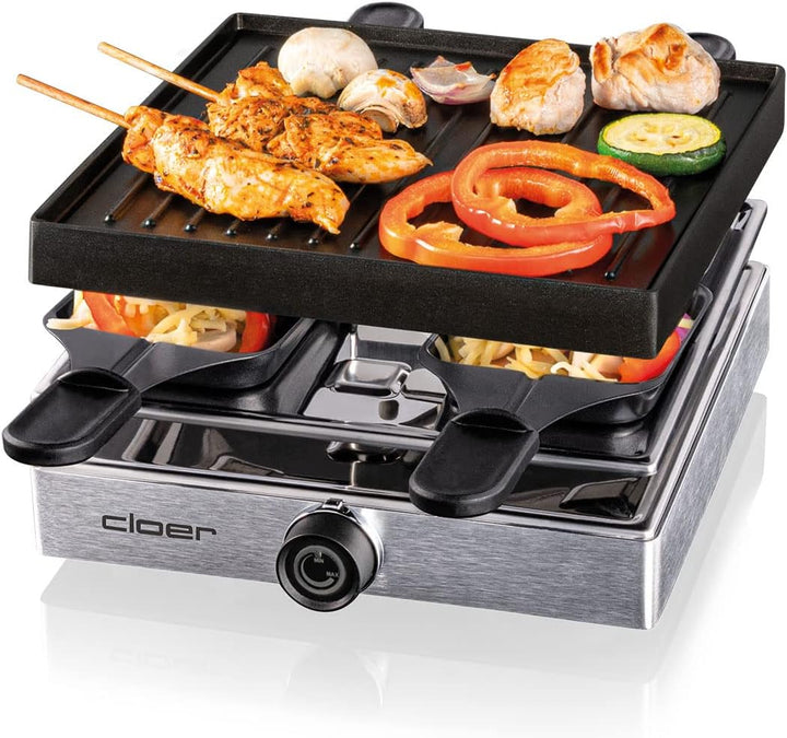 Cloer 6454 Raclettegrill mit Aluminium-Druckguss Platte, 750 W, 4 antihaftbeschichtete Raclettepfänn