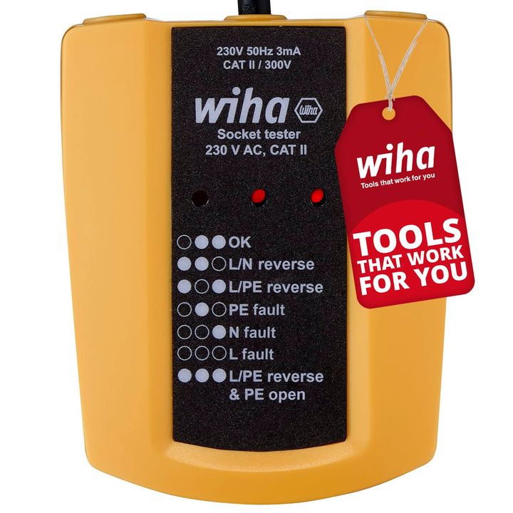 Wiha Steckdosentester 230 V AC, CAT II inkl. 2x AAA-Batterien I mit flexiblem Kabel I LED-Anzeige (4